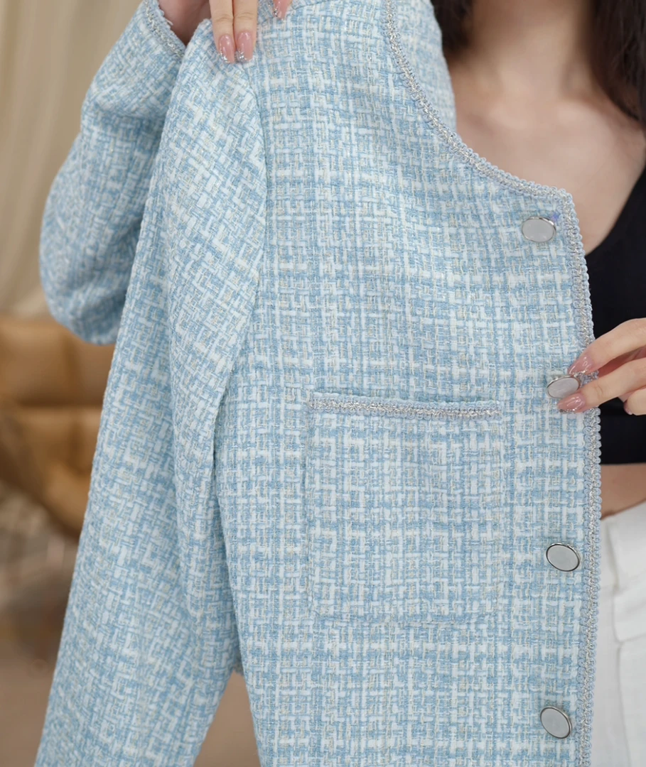 【JY】百搭时尚洋气名媛风气质蓝色轻奢修身小香风外套