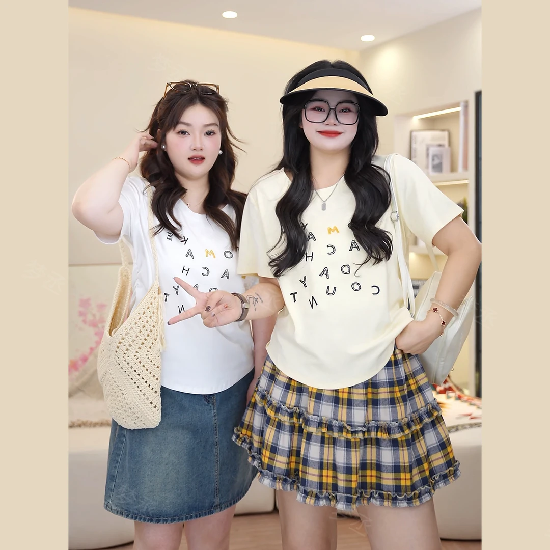 梦丞-大码女装夏季设计感字母绣花圆领时尚显瘦洋气短袖T恤上衣女