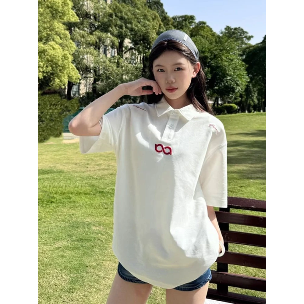 夏季新款纯棉短袖T恤女宽松百搭复古学院风重工刺绣polo衫上衣