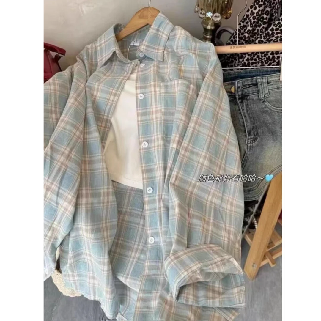 复古长袖格子衬衫宽松外套衬衣女小众设计感外搭上衣潮百搭韩版