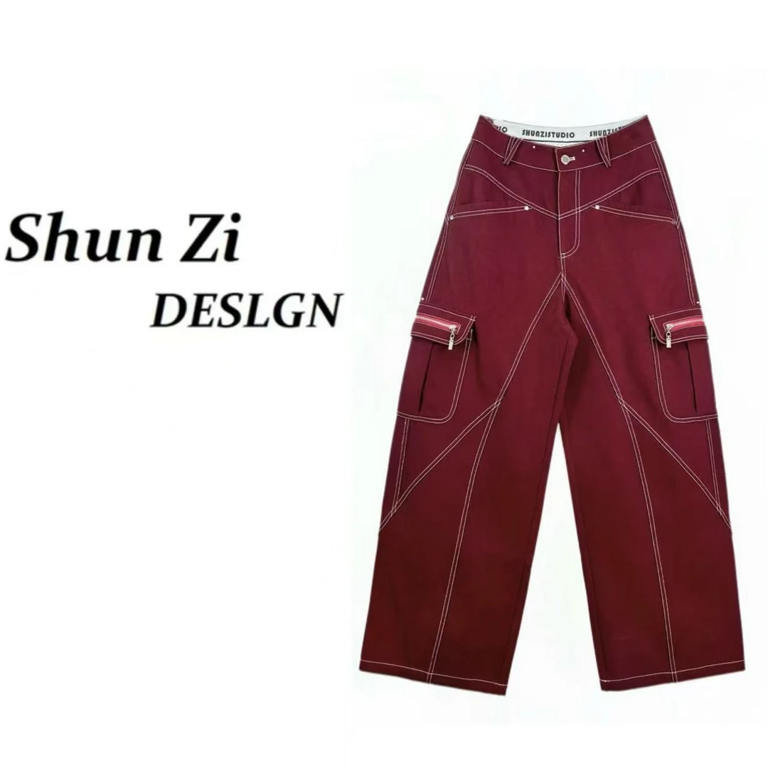 顺子/SZ9939 【莱塞尔】冬季潮牌线条隔断金属口袋工装免烫直筒裤