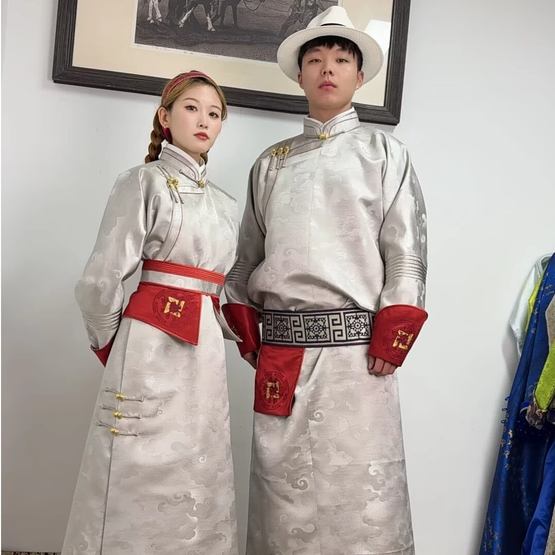 蒙和珠拉原创祥云重工银红撞色刺绣传统蒙古袍蒙古服饰