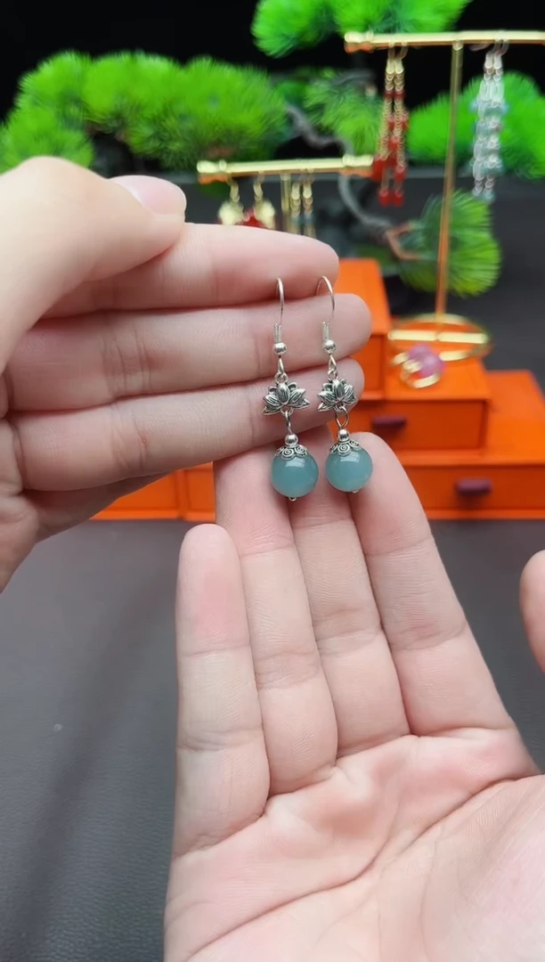 石英质玉（天山翠）银S925镶嵌耳饰237