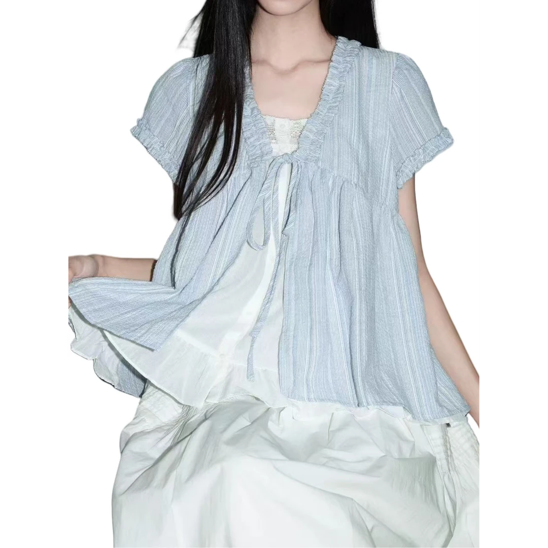 猪猪头家夏日好看蓝条纹V领短袖衬衫女假两件系带宽松上衣