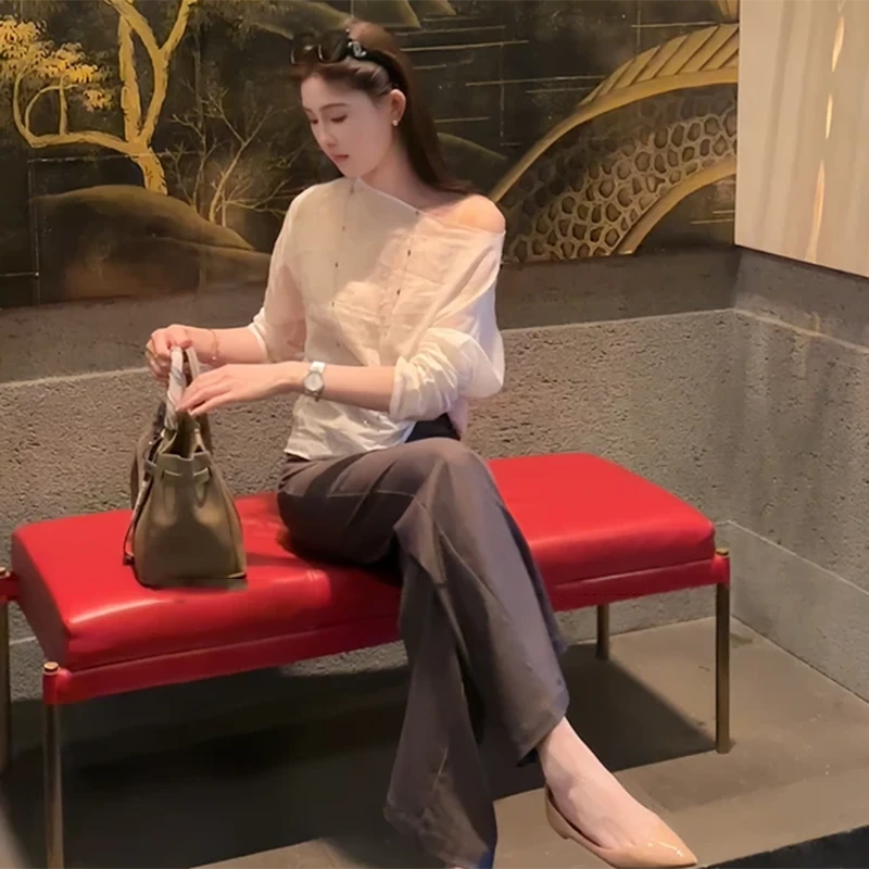 老钱风斜肩长袖女通勤气质夏季显瘦设计感上衣外穿夏季穿搭小衫女