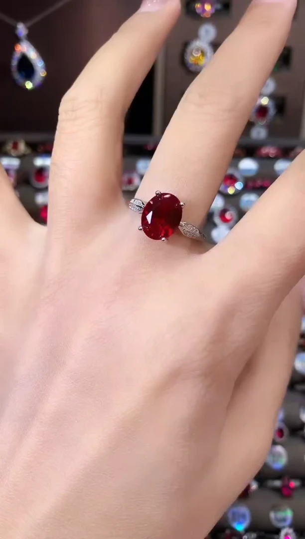 银S925镶嵌戒指红宝石酒红810