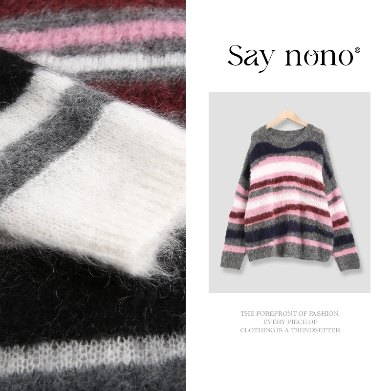 懒猫nono│Saynono 天丝马海毛羊毛夹条镂空套衫/XX605029