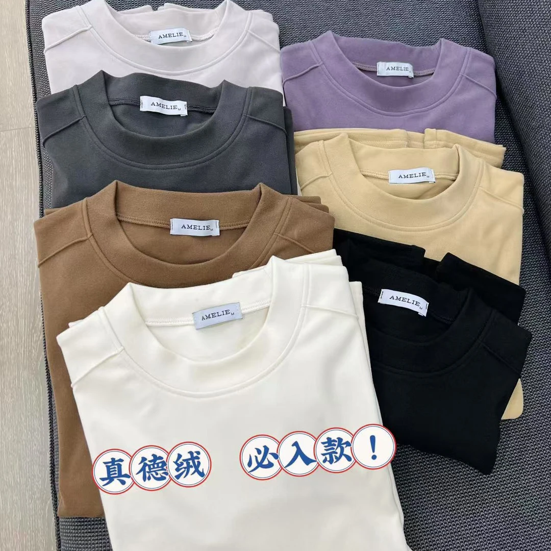 柔软舒服德绒打底衫女新款圆领纯色内搭保暖长袖T恤上衣6830