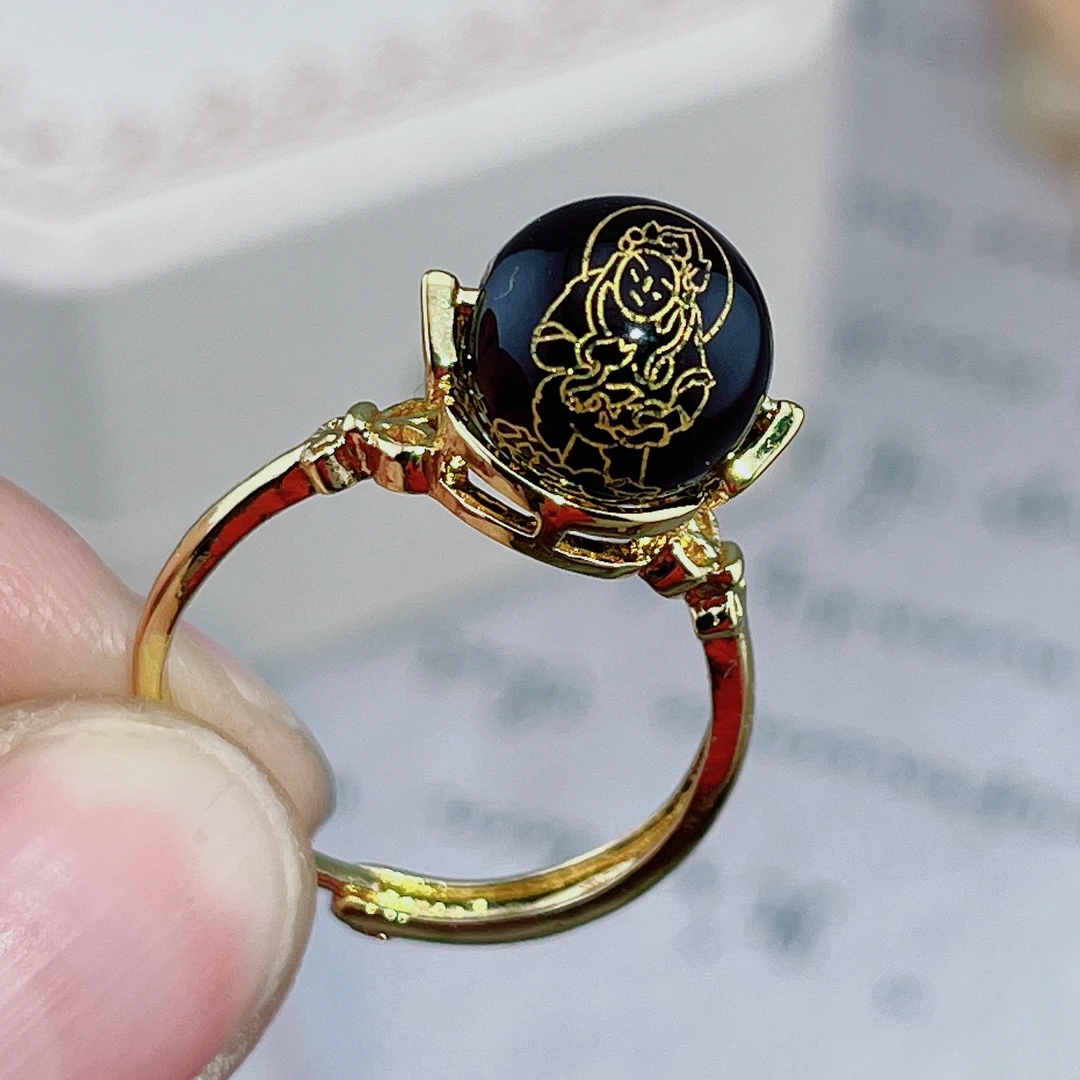 正品黑玛瑙圆珠戒指简约时尚百搭10mm圆珠活口调节男女戒子F731