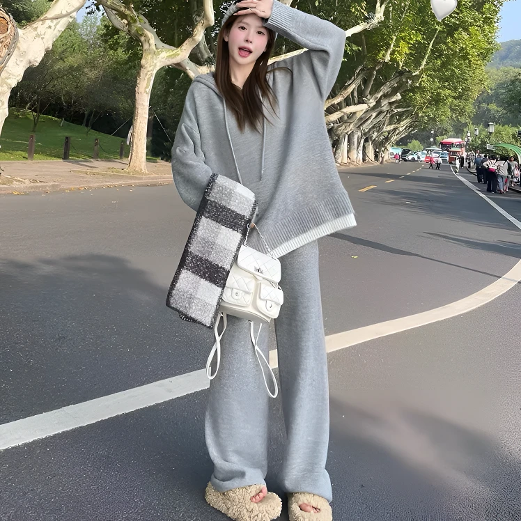 【M1 CHEN】连襟慵懒连帽毛衣套装软糯显瘦宽松针织套装