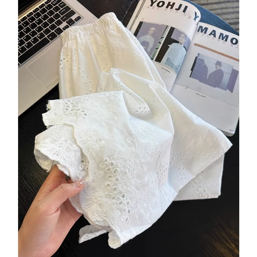 镂空刺绣设计感直筒休闲裤女2025夏季新款梨形身材宽松显瘦阔腿裤