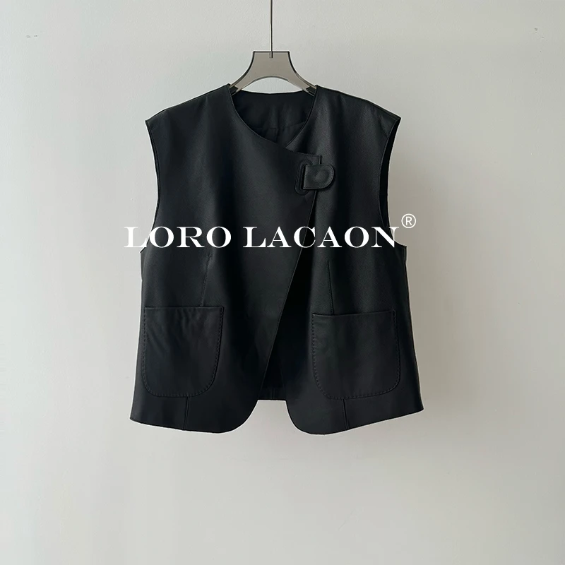 以赛亚 素简之境 2025年新款翻领一粒扣绵羊皮真皮马夹女 83022