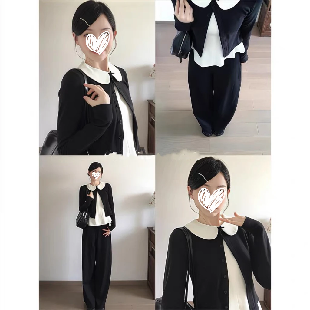 早秋清冷系穿搭韩系镂空针织开衫娃娃领背心直筒阔腿裤套装女D578