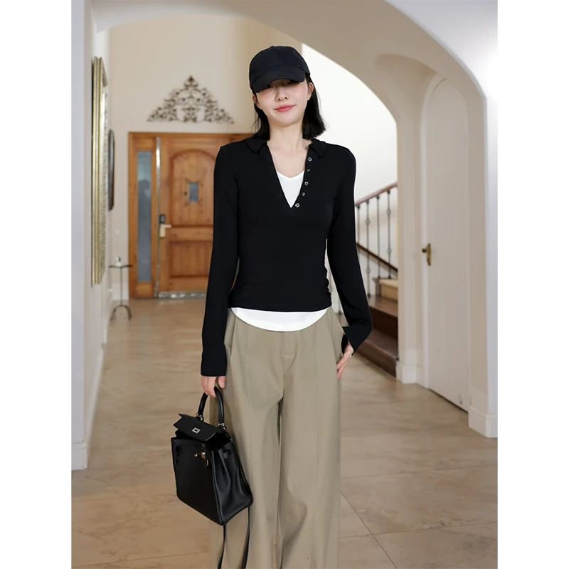 郭九九呢 v领高弹修身显瘦假两件长袖t恤直筒阔腿长裤 G925Y02787