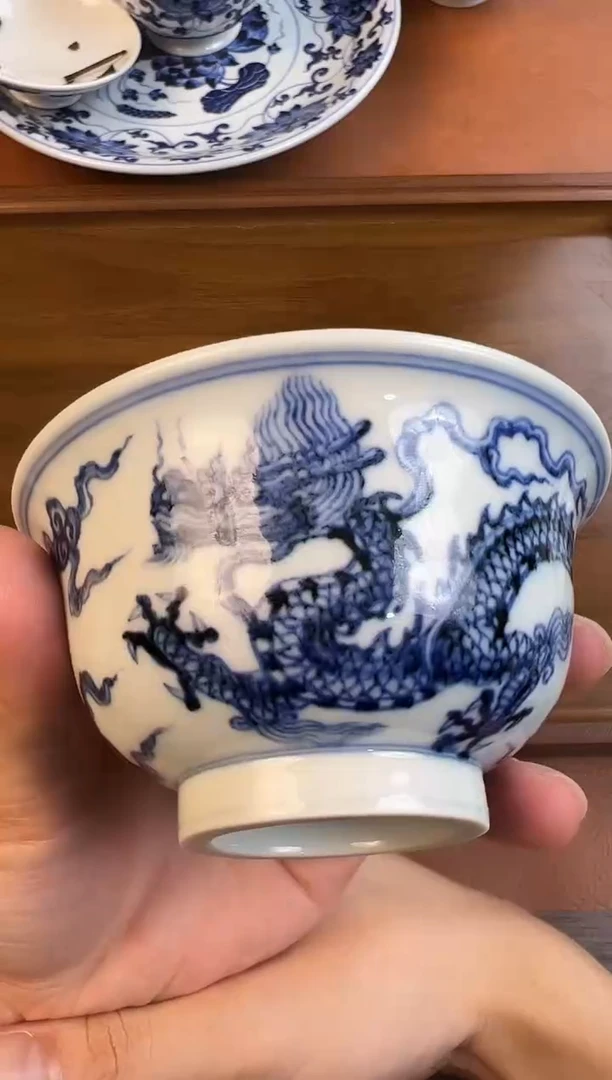 问青坊纯手工手绘青花龙纹柴窑压手杯
