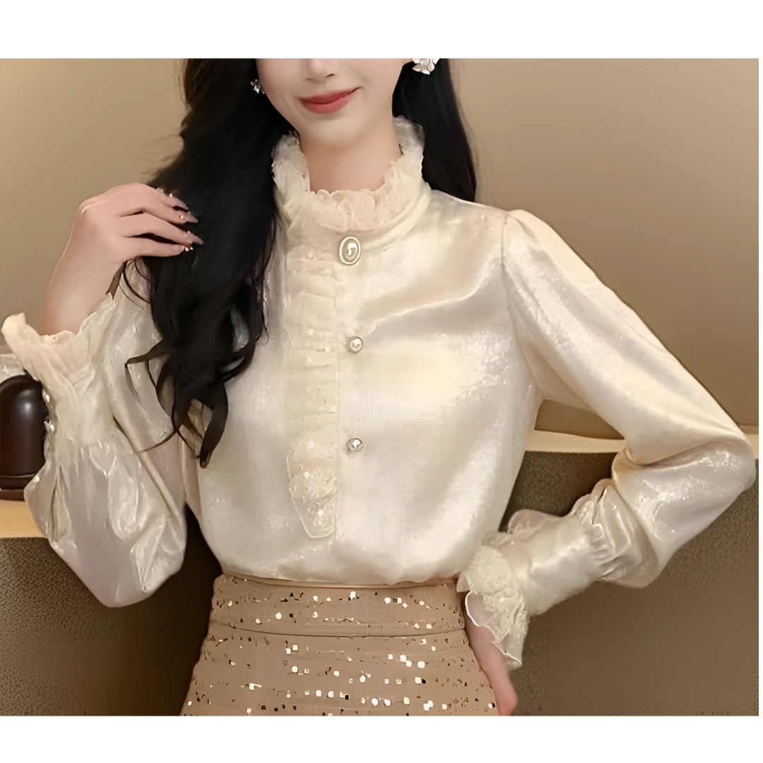 香槟杏色衬衣女款2025年早春新款长袖衬衫内搭叠穿宫廷打底衫上衣