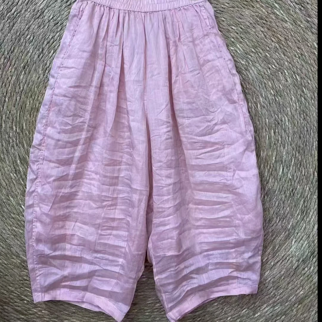 春夏装新款100织苎麻宽松品质纯色大码国风带内衬松紧腰南瓜裤