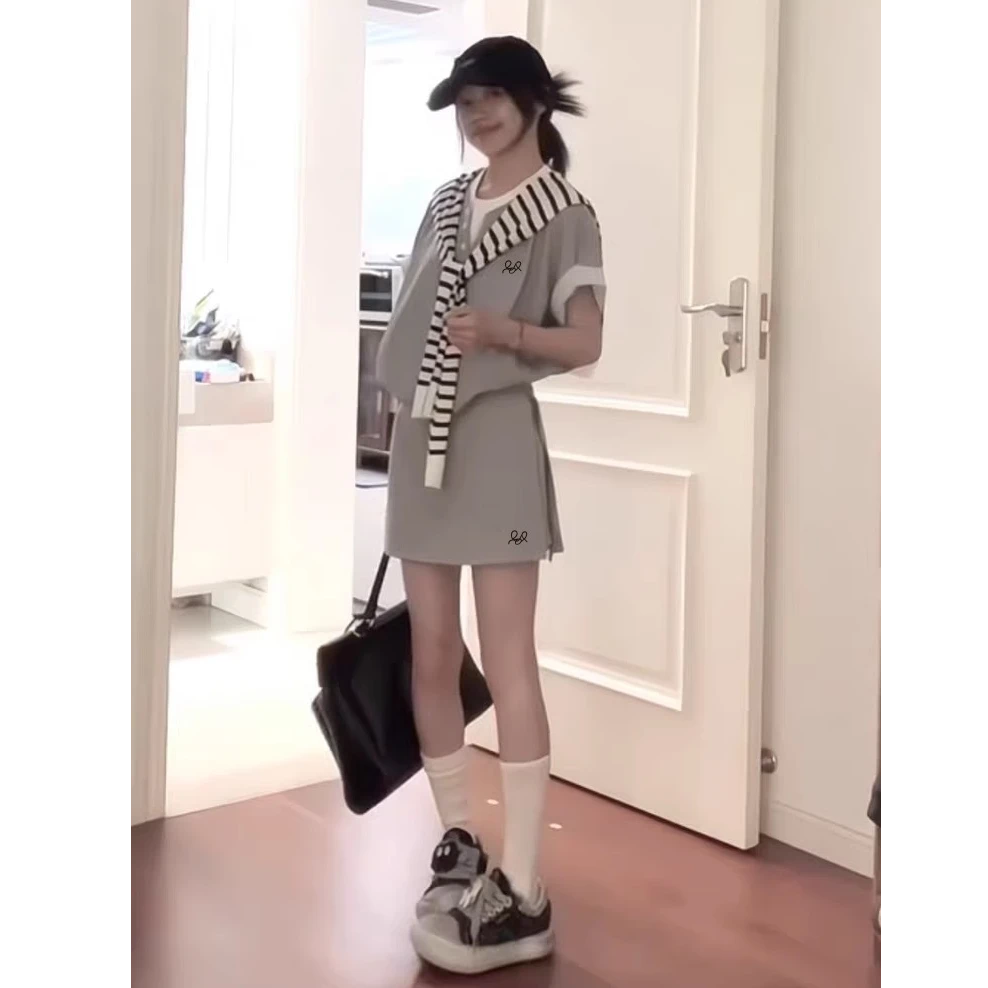 慵懒风运动服套装女夏季宽松时尚韩系假两件短袖短裙休闲两件套潮