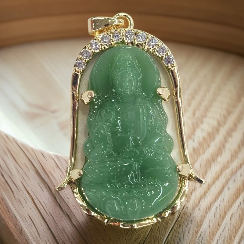 （库存处理）-高定珠宝正装观音设计镶嵌Y2239百搭苹果绿东陵玉吊坠