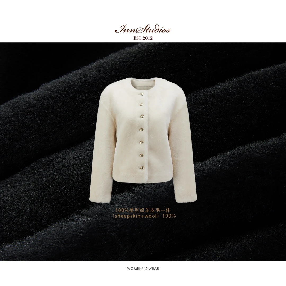 Innstudios 白色金扣皮毛一体毛毛外套