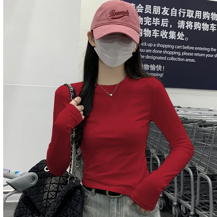 纯棉新年红色打底衫女2025早春新款秋冬内搭长袖T恤圆领上衣百搭