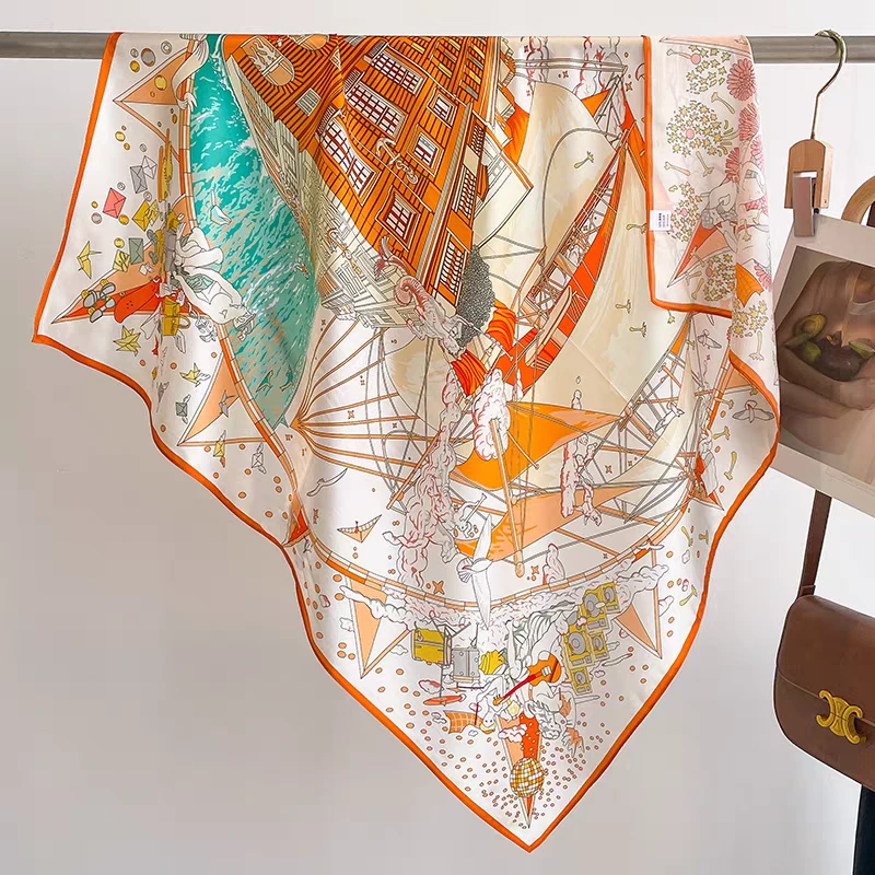 气质时尚70方巾100%桑蚕丝休闲百搭女士多功能夏季迷彩潮流拼色