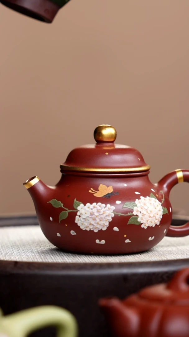 茶壶紫砂朱泥容天泥绘绣球花金边006