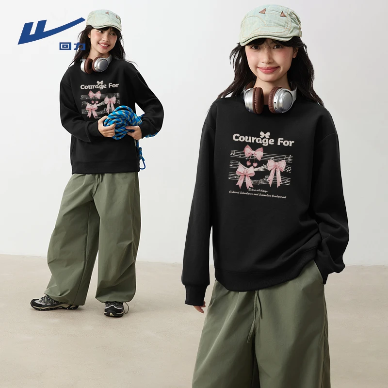 回力圆领长袖卫衣女春秋2025新款爆款韩系小个子慵懒风宽松打底衫