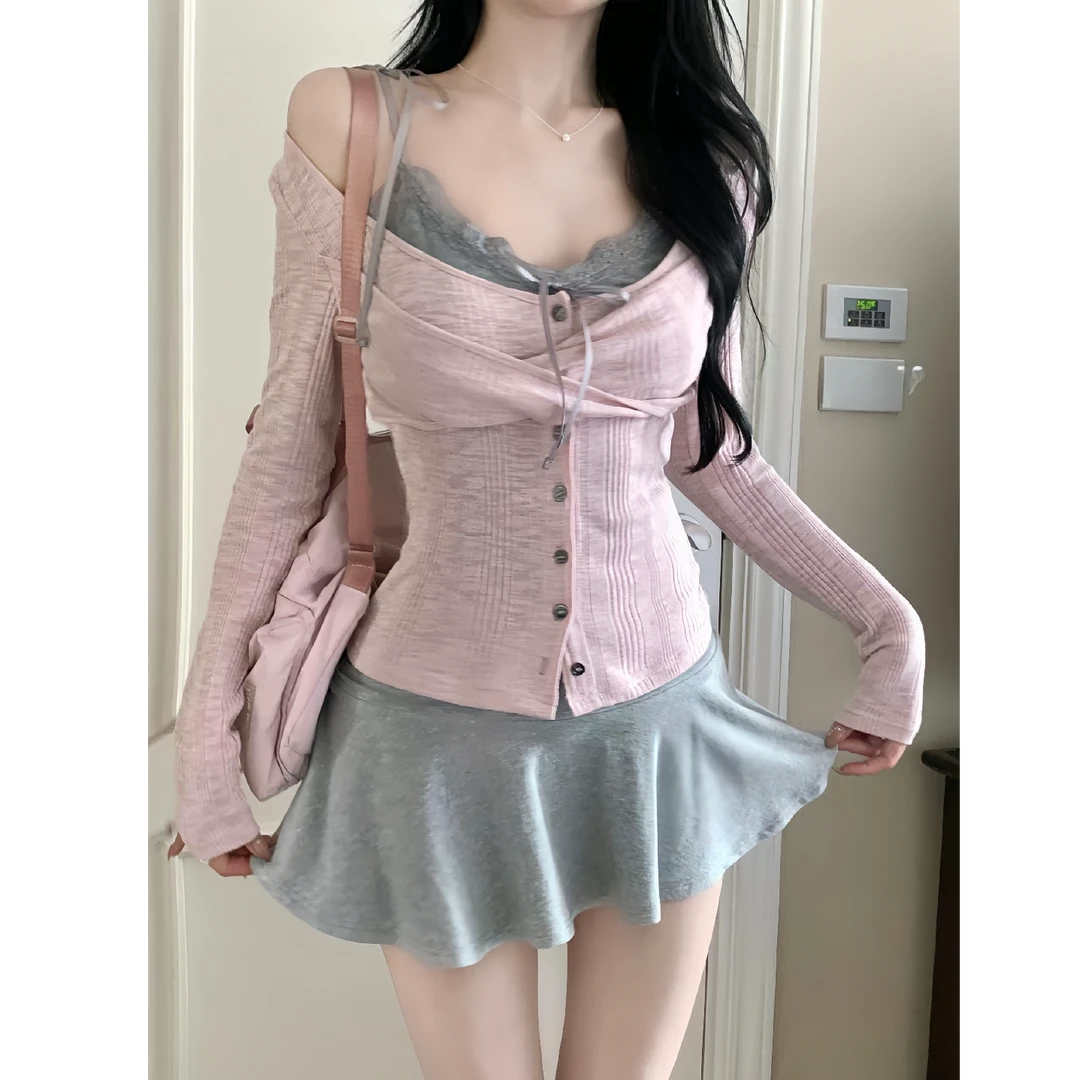 韩女氛围 花边吊带背心露肩开衫T恤套装韩系纯欲长袖上衣20802