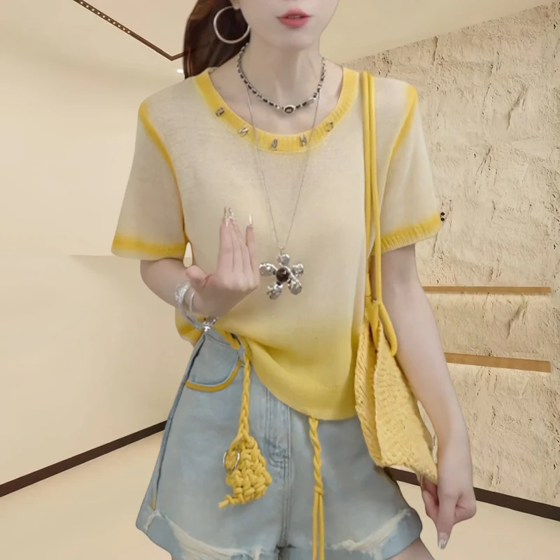 2025夏季新款针织衫女短袖上衣上档次时尚爆款圆领洋气女款小衫