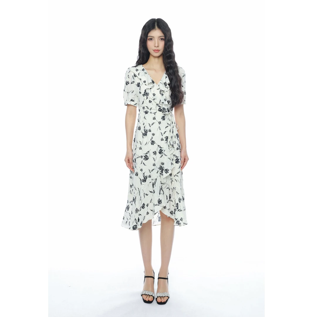 OO&VV夏季花色长裙高碎花法式连衣裙女装复古收腰系带优雅