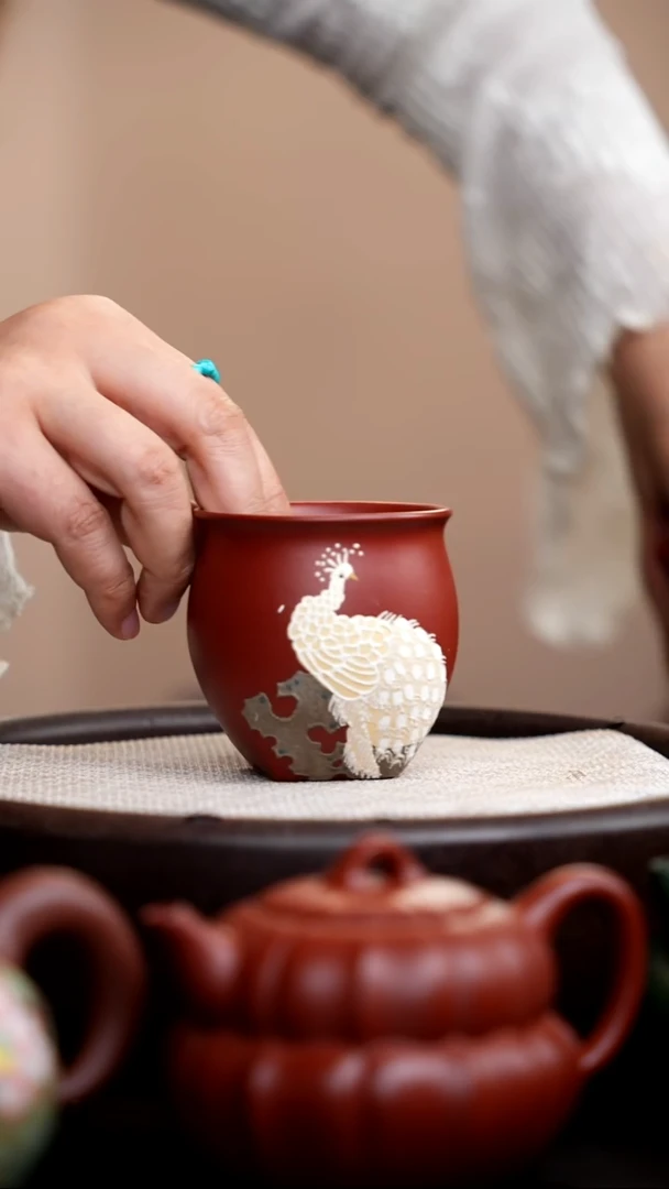 茶壶紫砂朱泥方圆杯白孔雀