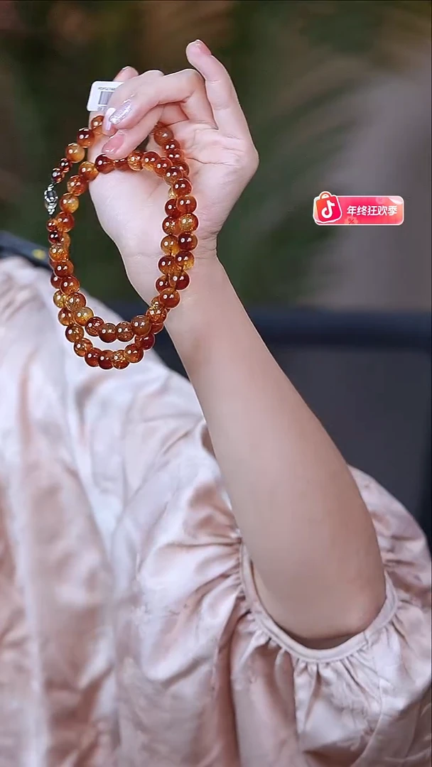 琥珀银S925镀金镶嵌珠宝奇石9mm红蓝金沙妈妈链