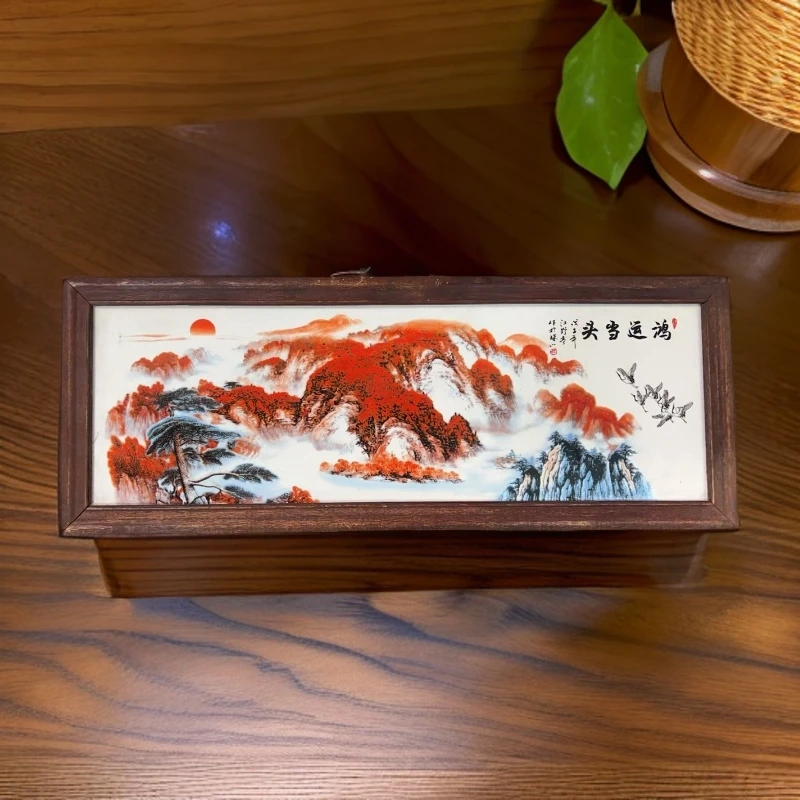 景德镇瓷板画柴窑烧制粉彩山水鸿运当头实木边框55*21cm