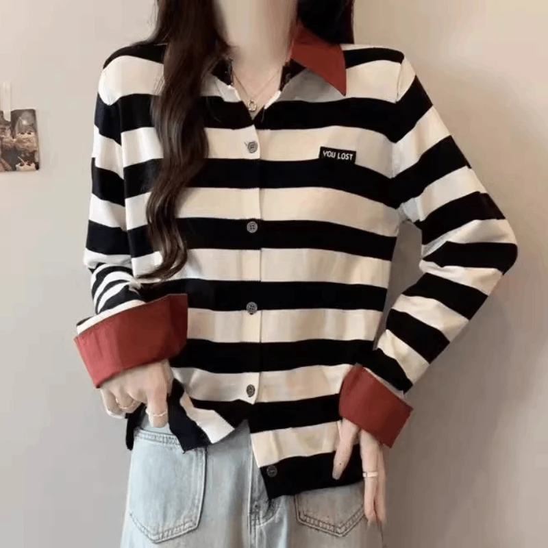 【条纹红翻领】套头针织翻领显瘦时尚长袖毛针织衫落肩袖冬季上衣