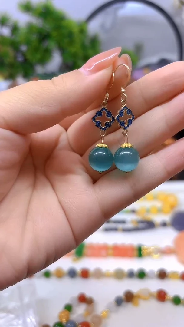 14K金镶嵌耳饰碧玺猫眼E399