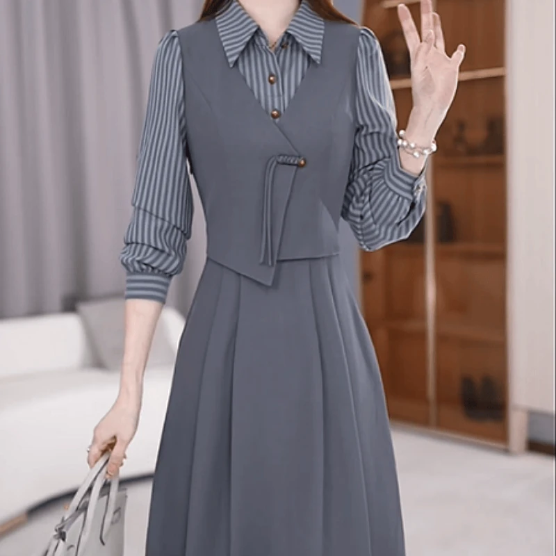 A337【连衣裙】2025早秋新款时尚优雅高端气质条纹修身显瘦连衣裙