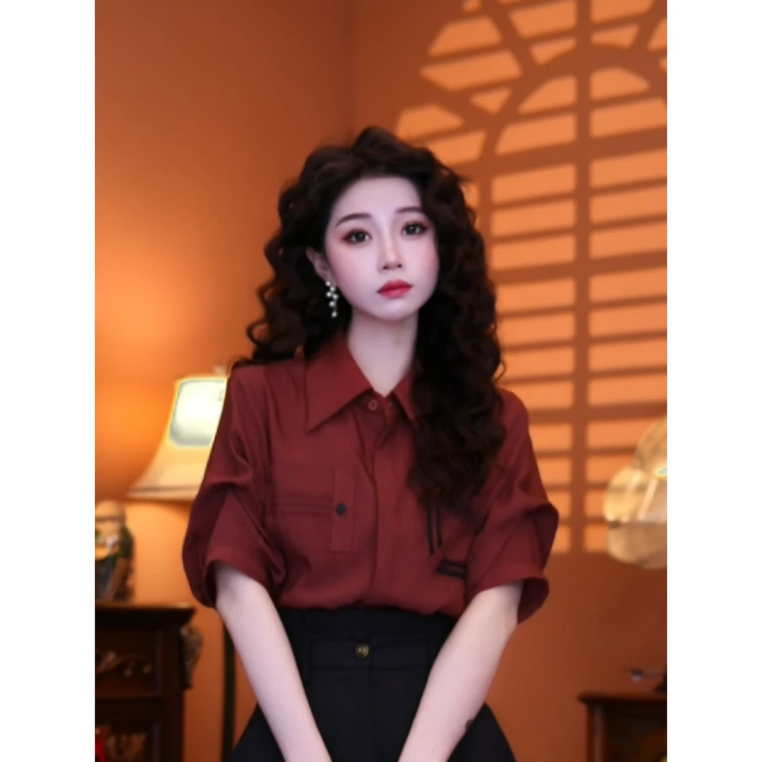 蒋肉肉【红莓果】港味复古时尚气质短袖上衣01870