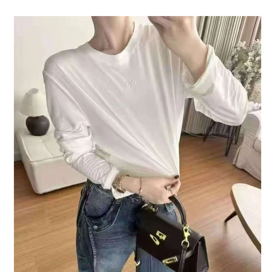 欧洲站欧货25冬加绒加厚修身型长袖常规女字母T恤简约白色高品质