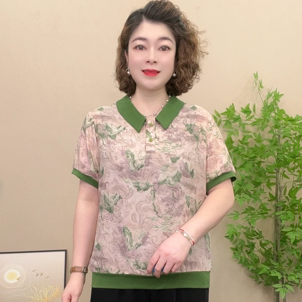 短袖夏季薄款妈妈装流行欧若拉时尚潮牌女装宽松独特漂亮雪纺小衫