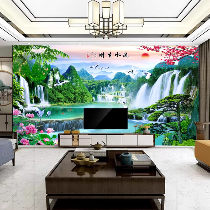 客厅浮雕流水生财电视背景影视墙立体壁画大气装饰定制高级感壁布