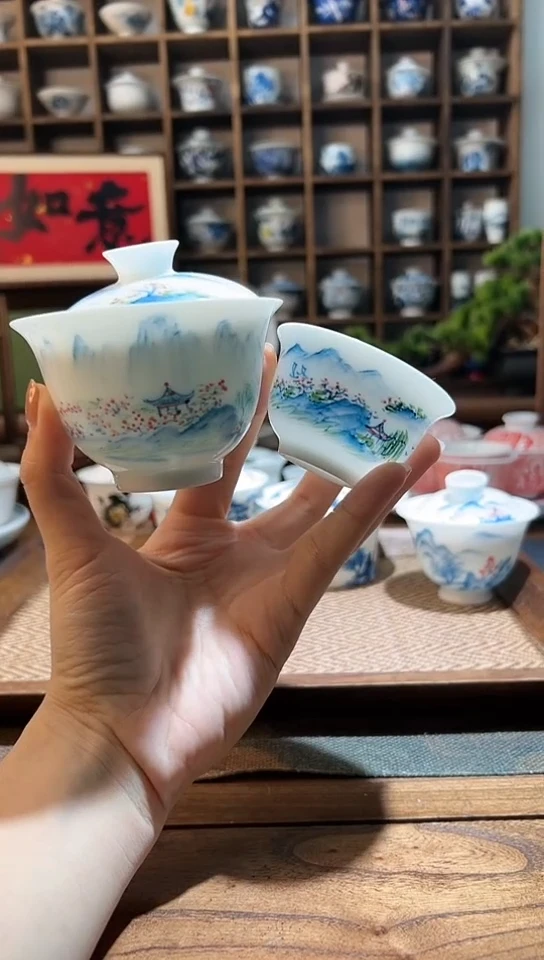 【闪购商品】五彩山水元宝盖碗+送一杯