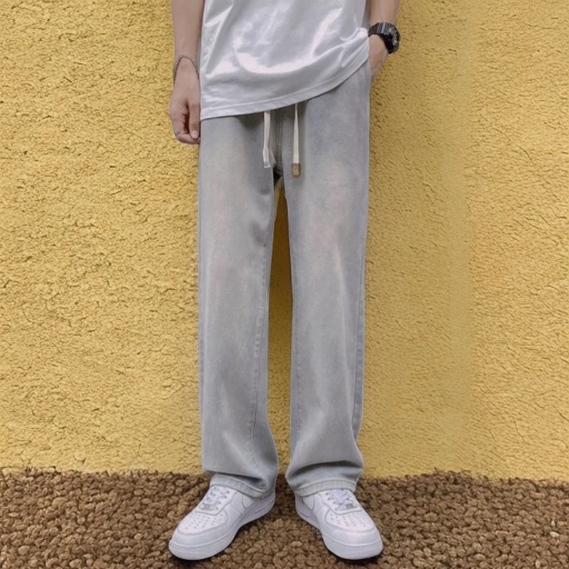 美式8303莱赛尔复古色松紧腰宽松抽绳百搭直筒阔腿薄款牛仔裤