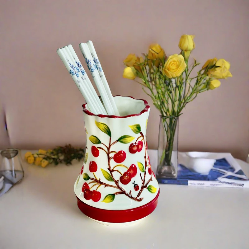 出口外单陶瓷樱桃筷子筒手绘浮雕釉下彩