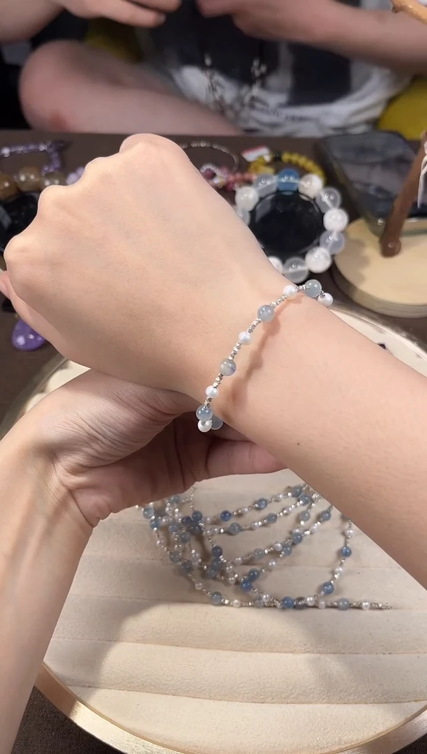水晶手链未镶嵌0010蓝晶珠珠碎银款