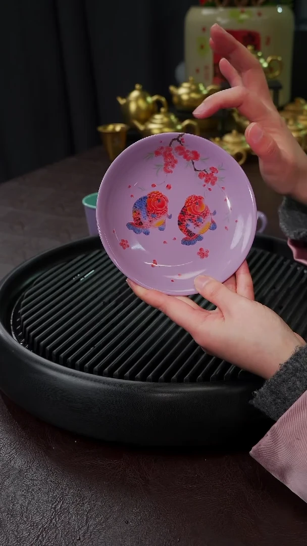 【闪购商品】杯【宜景窑烟幕紫】手绘双鱼杯碟