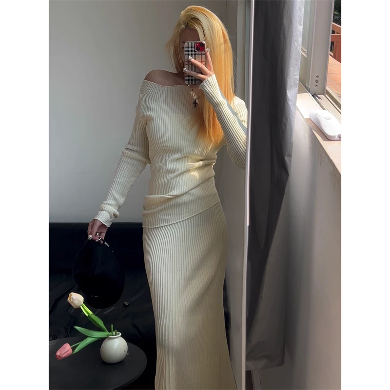 轻熟风通勤慵懒舒适透气长袖针织衫上衣高腰宽松包臀半身裙两件套