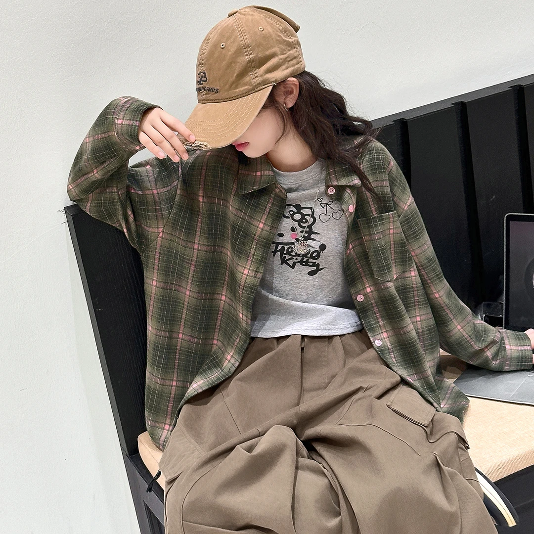 女童秋装格子衬衫2025新款女大童春秋款女孩复古上衣外套潮99597