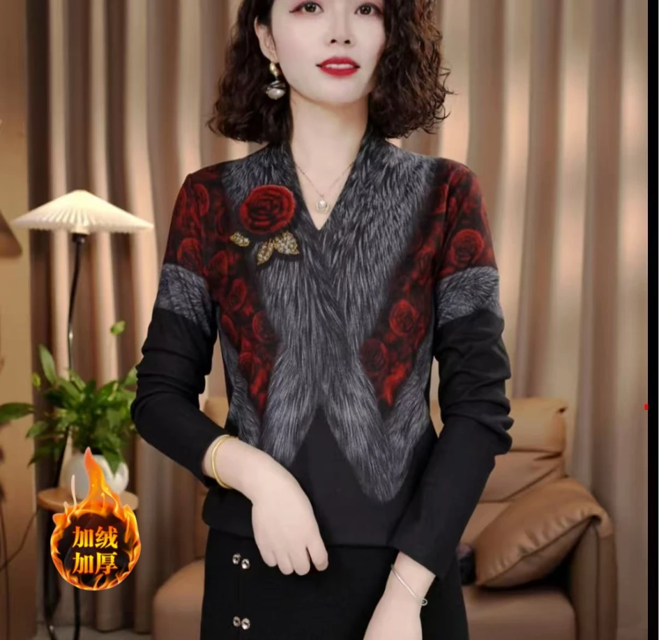 秋冬新款玫瑰红高端3D定位印花女显瘦百搭减龄气质时尚套头上衣