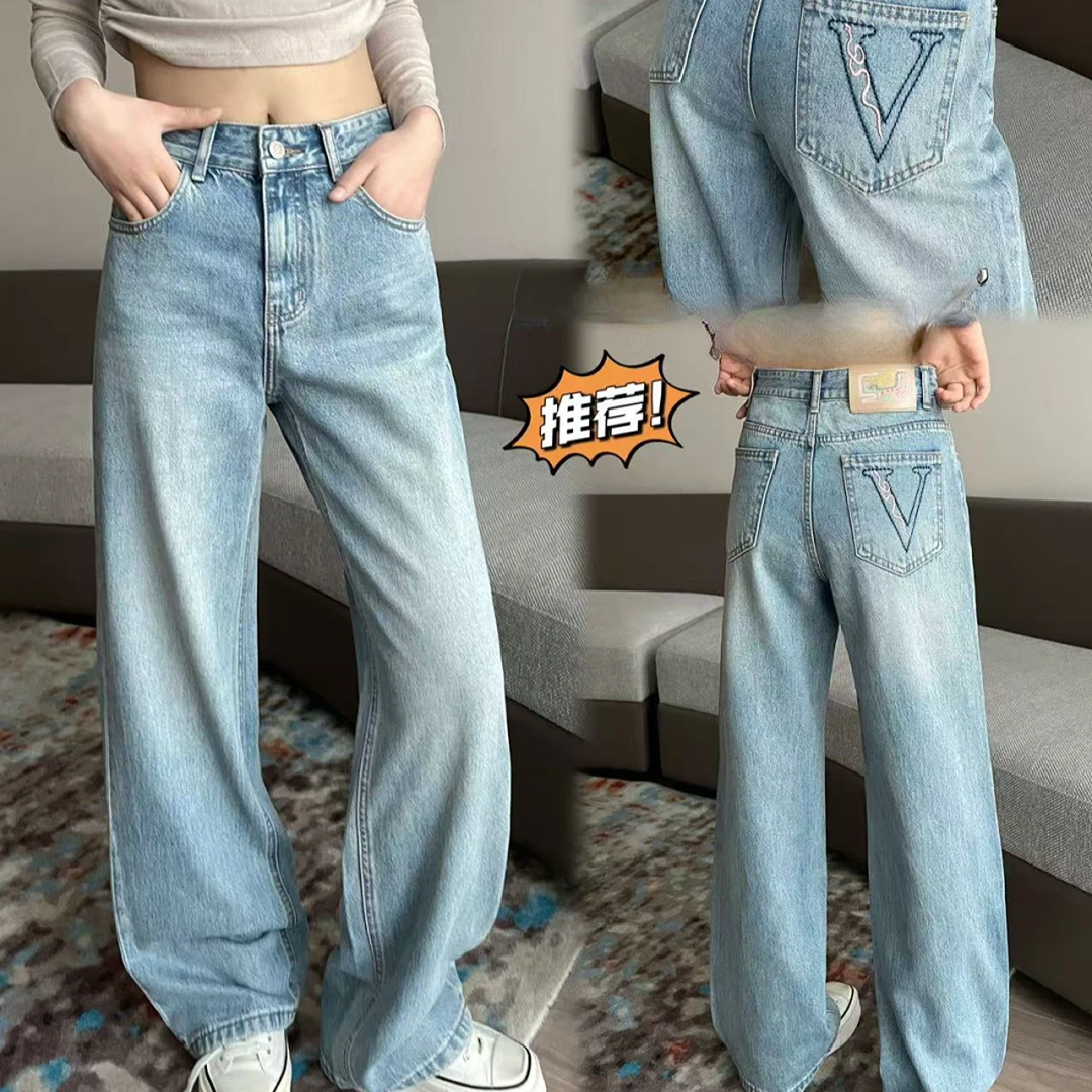 121#后袋绣花直筒高腰阔腿直筒牛仔裤显瘦百搭蓝色直筒裤